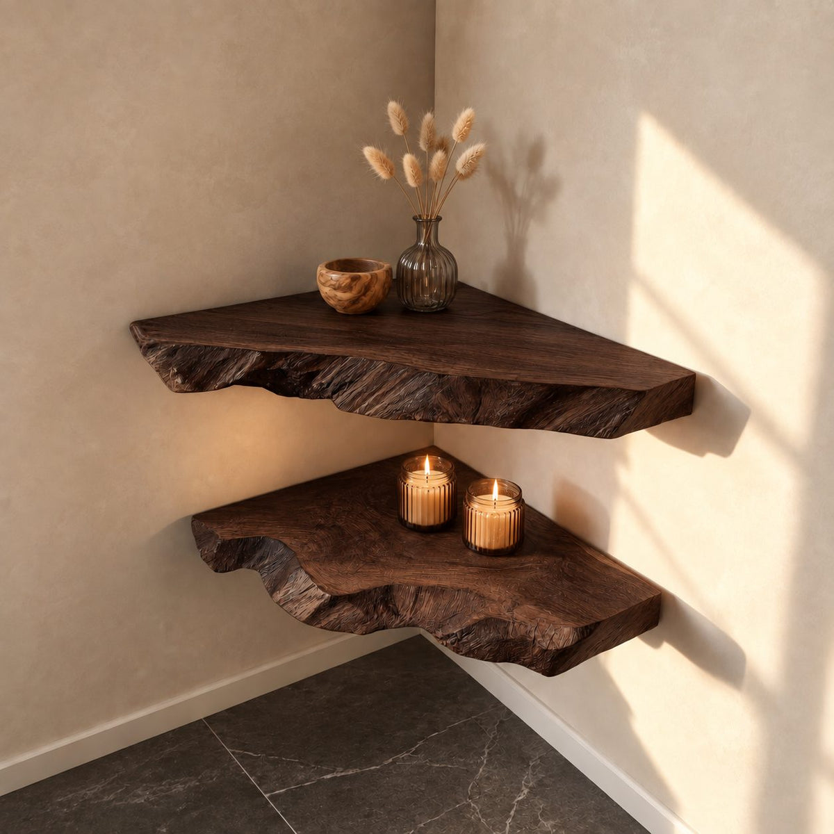 Raw Split Edge Corner Shelf, Thick Solid Wood Floating Corner Slab with Deep Grain Texture, Minimalist