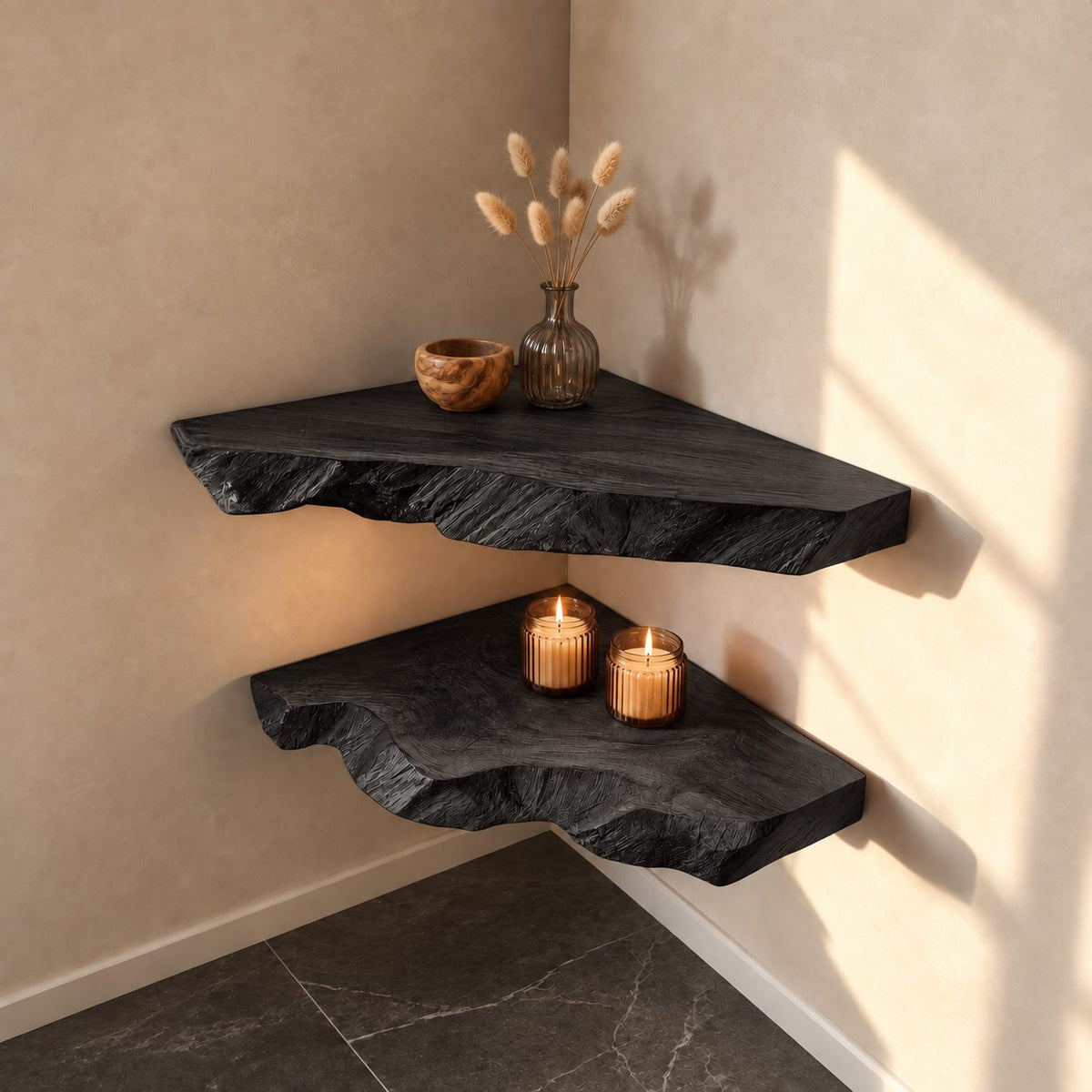 Raw Split Edge Corner Shelf, Thick Solid Wood Floating Corner Slab with Deep Grain Texture, Minimalist