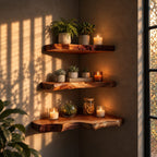 Wavy Edge Corner Floating Shelf, Solid Wood Live Edge Corner Shelf with Rich Figured Top for Dining Room