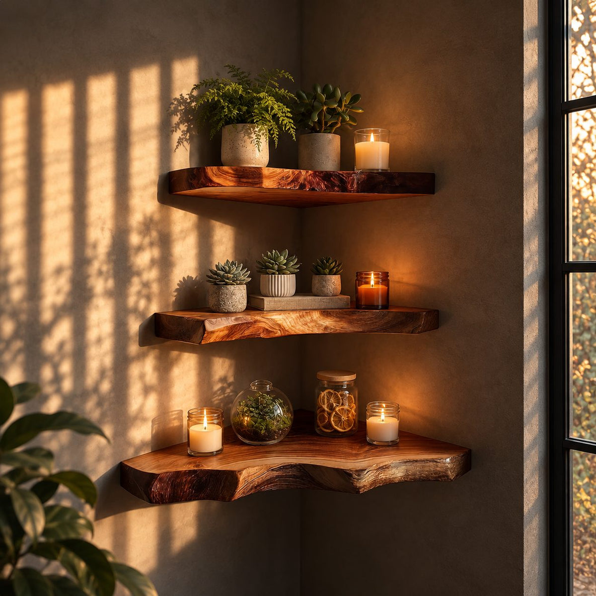 Wavy Edge Corner Floating Shelf, Solid Wood Live Edge Corner Shelf with Rich Figured Top for Dining Room