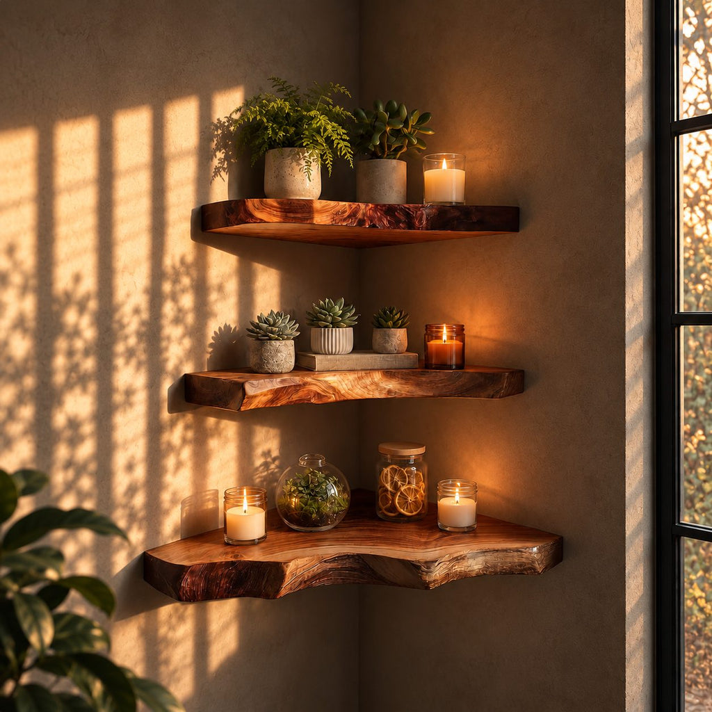 Wavy Edge Corner Floating Shelf, Solid Wood Live Edge Corner Shelf with Rich Figured Top for Dining Room
