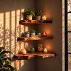 Wavy Edge Corner Floating Shelf, Solid Wood Live Edge Corner Shelf with Rich Figured Top for Dining Room
