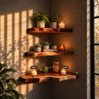 Wavy Edge Corner Floating Shelf, Solid Wood Live Edge Corner Shelf with Rich Figured Top for Dining Room