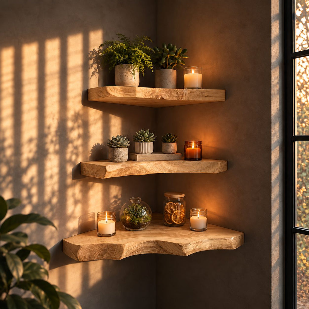 Wavy Edge Corner Floating Shelf, Solid Wood Live Edge Corner Shelf with Rich Figured Top for Dining Room