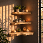 Wavy Edge Corner Floating Shelf, Solid Wood Live Edge Corner Shelf with Rich Figured Top for Dining Room
