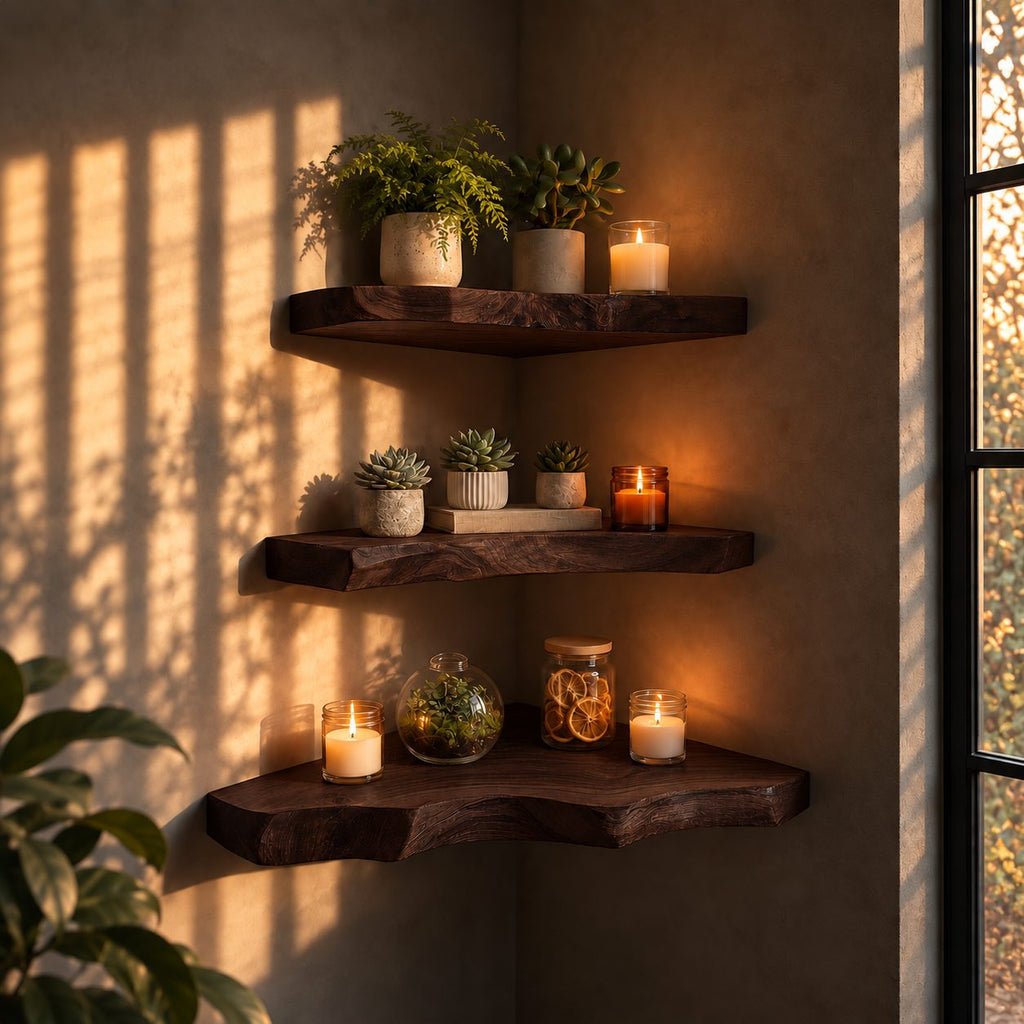 Wavy Edge Corner Floating Shelf, Solid Wood Live Edge Corner Shelf with Rich Figured Top for Dining Room