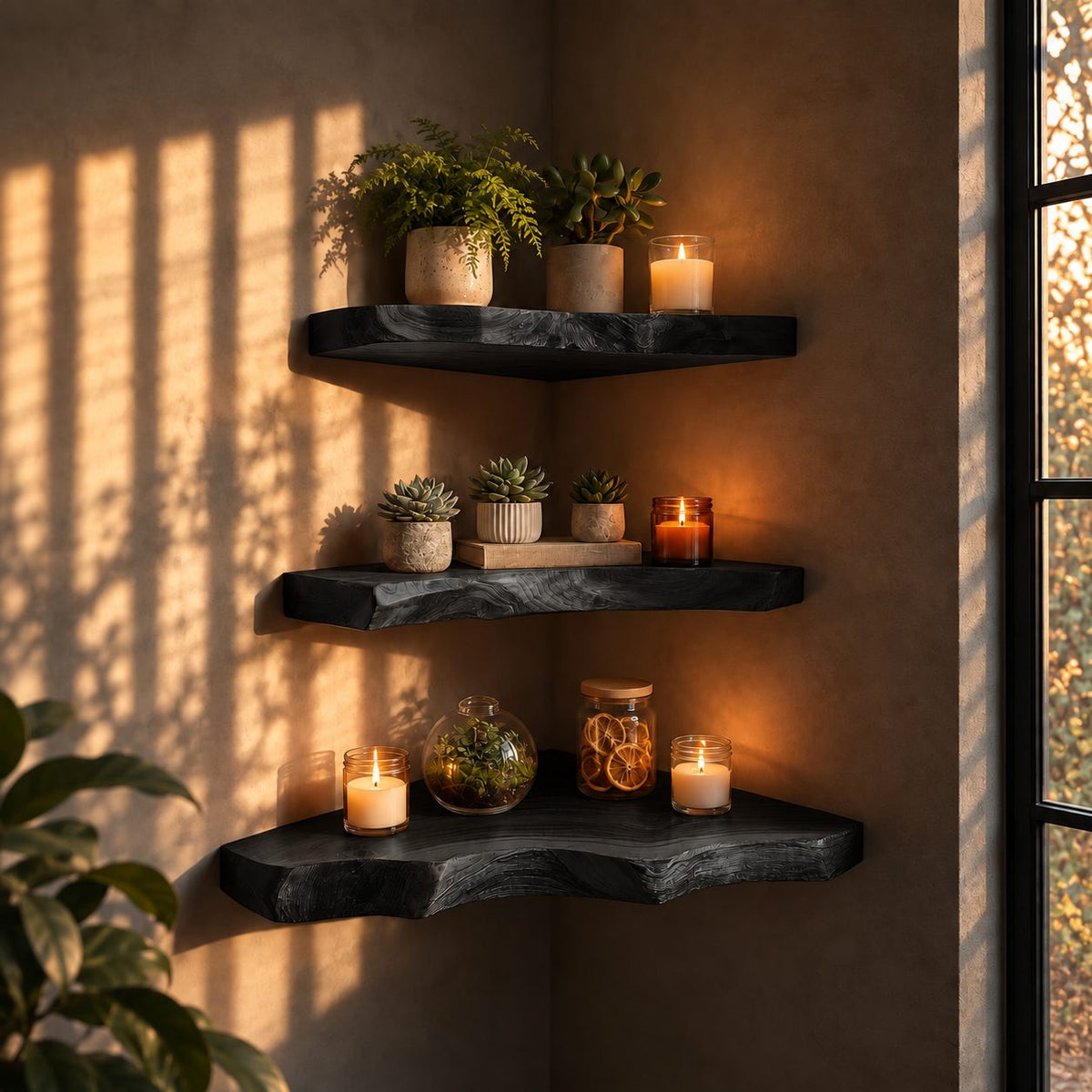 Wavy Edge Corner Floating Shelf, Solid Wood Live Edge Corner Shelf with Rich Figured Top for Dining Room
