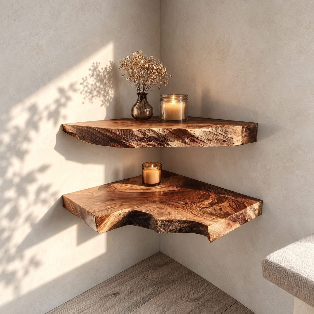 Swooping Live Edge Corner Shelf, Thick Solid Wood Floating Corner Display Shelf with Deep Swirling Grain