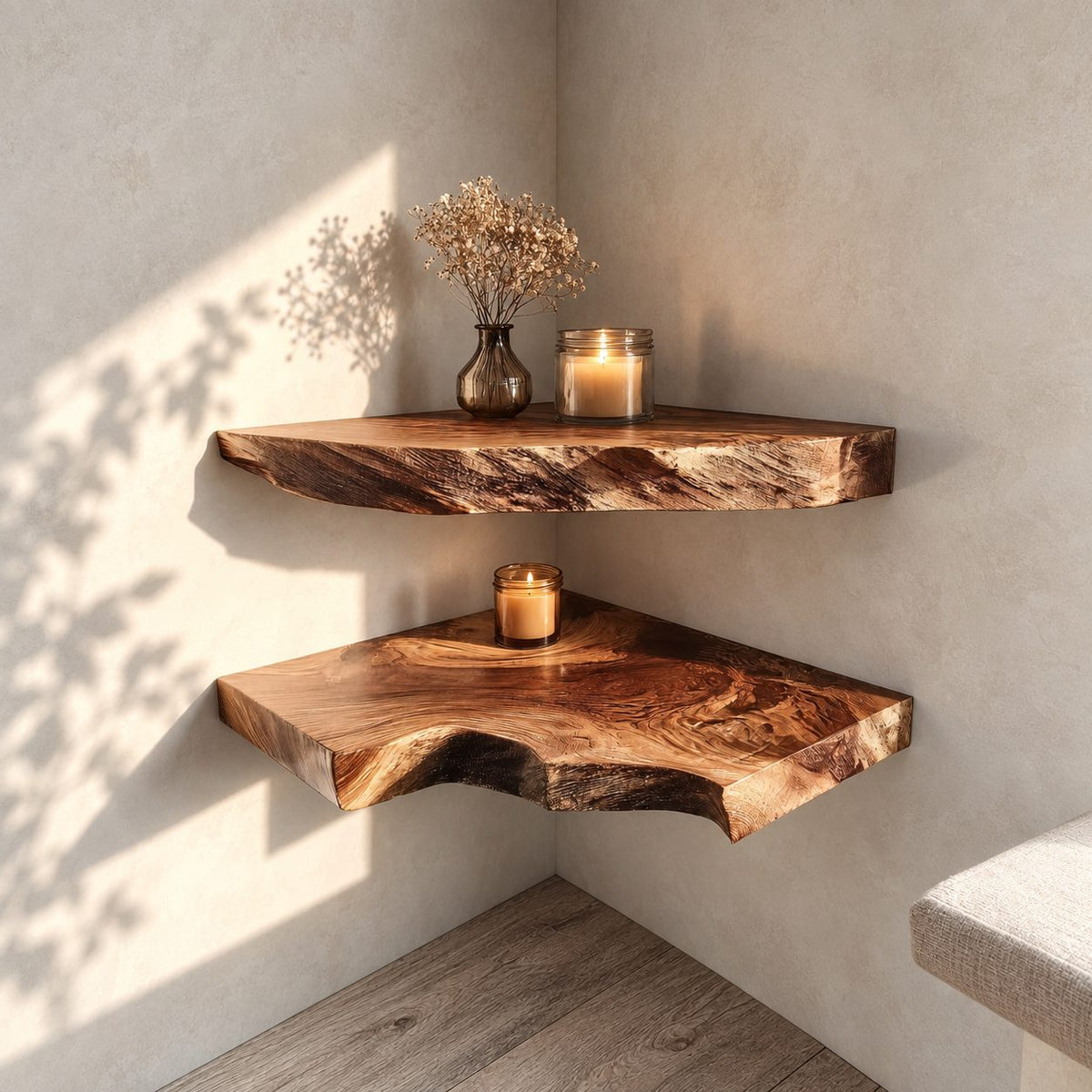 Swooping Live Edge Corner Shelf, Thick Solid Wood Floating Corner Display Shelf with Deep Swirling Grain