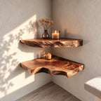 Swooping Live Edge Corner Shelf, Thick Solid Wood Floating Corner Display Shelf with Deep Swirling Grain