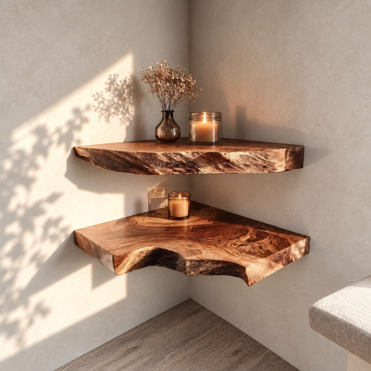 Swooping Live Edge Corner Shelf, Thick Solid Wood Floating Corner Display Shelf with Deep Swirling Grain