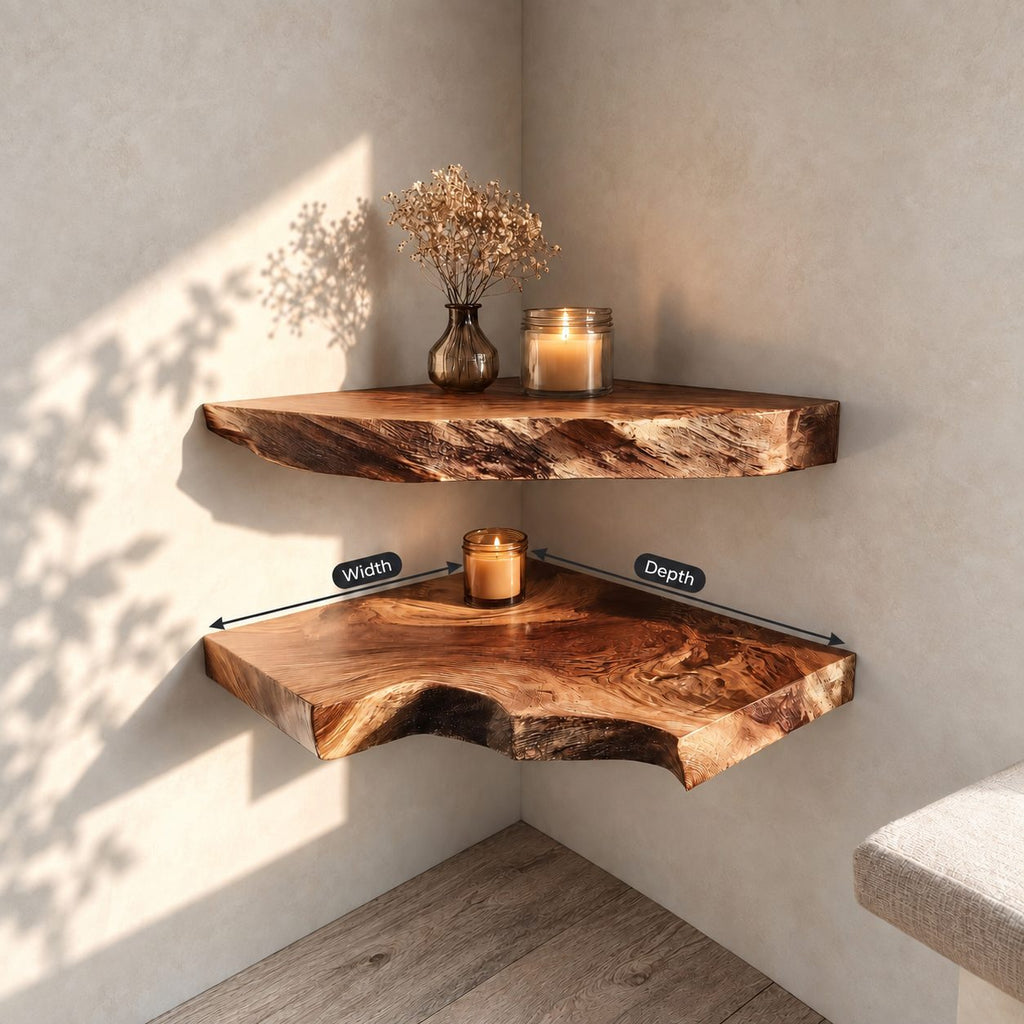 Swooping Live Edge Corner Shelf, Thick Solid Wood Floating Corner Display Shelf with Deep Swirling Grain