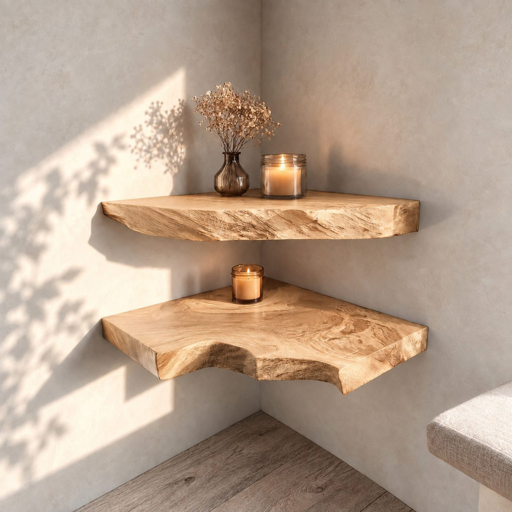 Swooping Live Edge Corner Shelf, Thick Solid Wood Floating Corner Display Shelf with Deep Swirling Grain