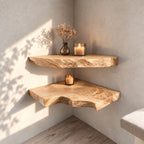 Swooping Live Edge Corner Shelf, Thick Solid Wood Floating Corner Display Shelf with Deep Swirling Grain