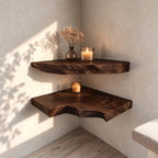 Swooping Live Edge Corner Shelf, Thick Solid Wood Floating Corner Display Shelf with Deep Swirling Grain