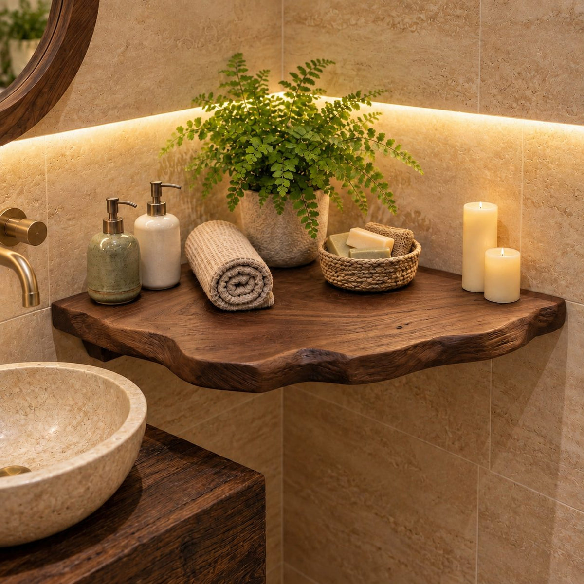 Bathroom Corner Shelf, Chunky Solid Wood Floating Corner Shelf with Carved Bark Edge for Powder Room