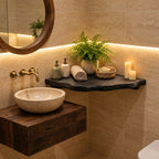 Bathroom Corner Shelf, Chunky Solid Wood Floating Corner Shelf with Carved Bark Edge for Powder Room