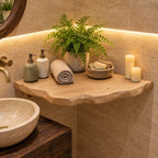 Bathroom Corner Shelf, Chunky Solid Wood Floating Corner Shelf with Carved Bark Edge for Powder Room