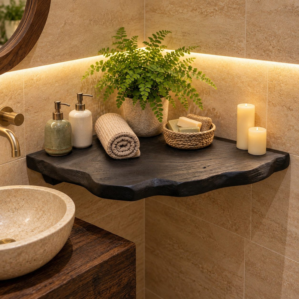 Bathroom Corner Shelf, Chunky Solid Wood Floating Corner Shelf with Carved Bark Edge for Powder Room