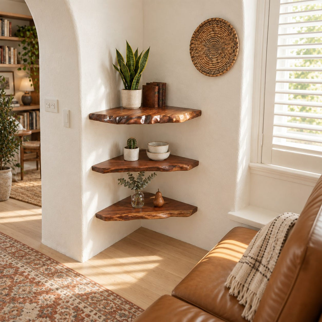 Alcove Corner Shelf, Solid Wood Floating Corner Shelves with Knobby Carved Live Edge for Narrow Nooks