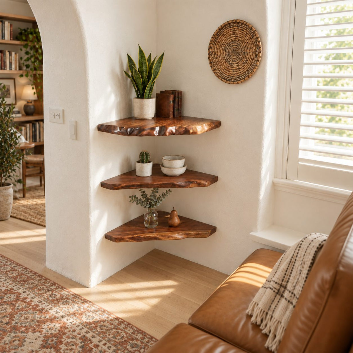 Alcove Corner Shelf, Solid Wood Floating Corner Shelves with Knobby Carved Live Edge for Narrow Nooks