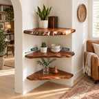 Alcove Corner Shelf, Solid Wood Floating Corner Shelves with Knobby Carved Live Edge for Narrow Nooks