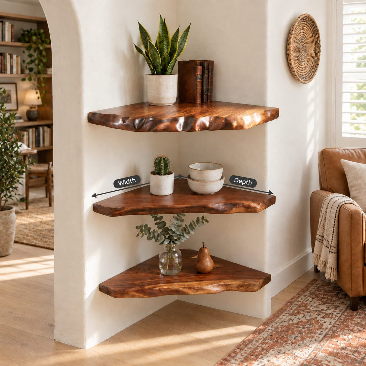 Alcove Corner Shelf, Solid Wood Floating Corner Shelves with Knobby Carved Live Edge for Narrow Nooks