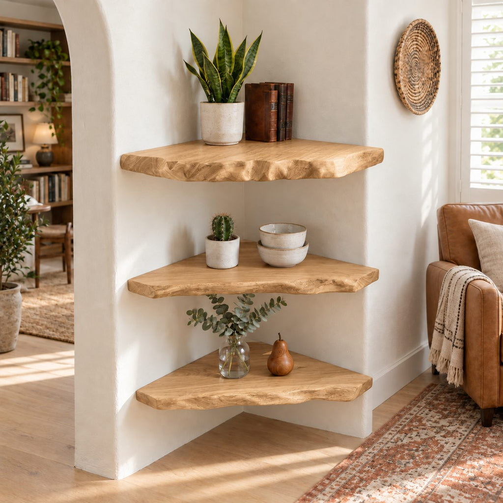 Alcove Corner Shelf, Solid Wood Floating Corner Shelves with Knobby Carved Live Edge for Narrow Nooks