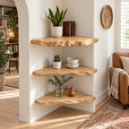 Alcove Corner Shelf, Solid Wood Floating Corner Shelves with Knobby Carved Live Edge for Narrow Nooks