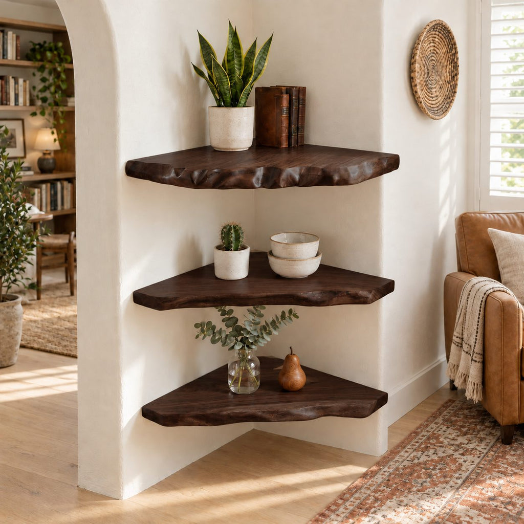 Alcove Corner Shelf, Solid Wood Floating Corner Shelves with Knobby Carved Live Edge for Narrow Nooks