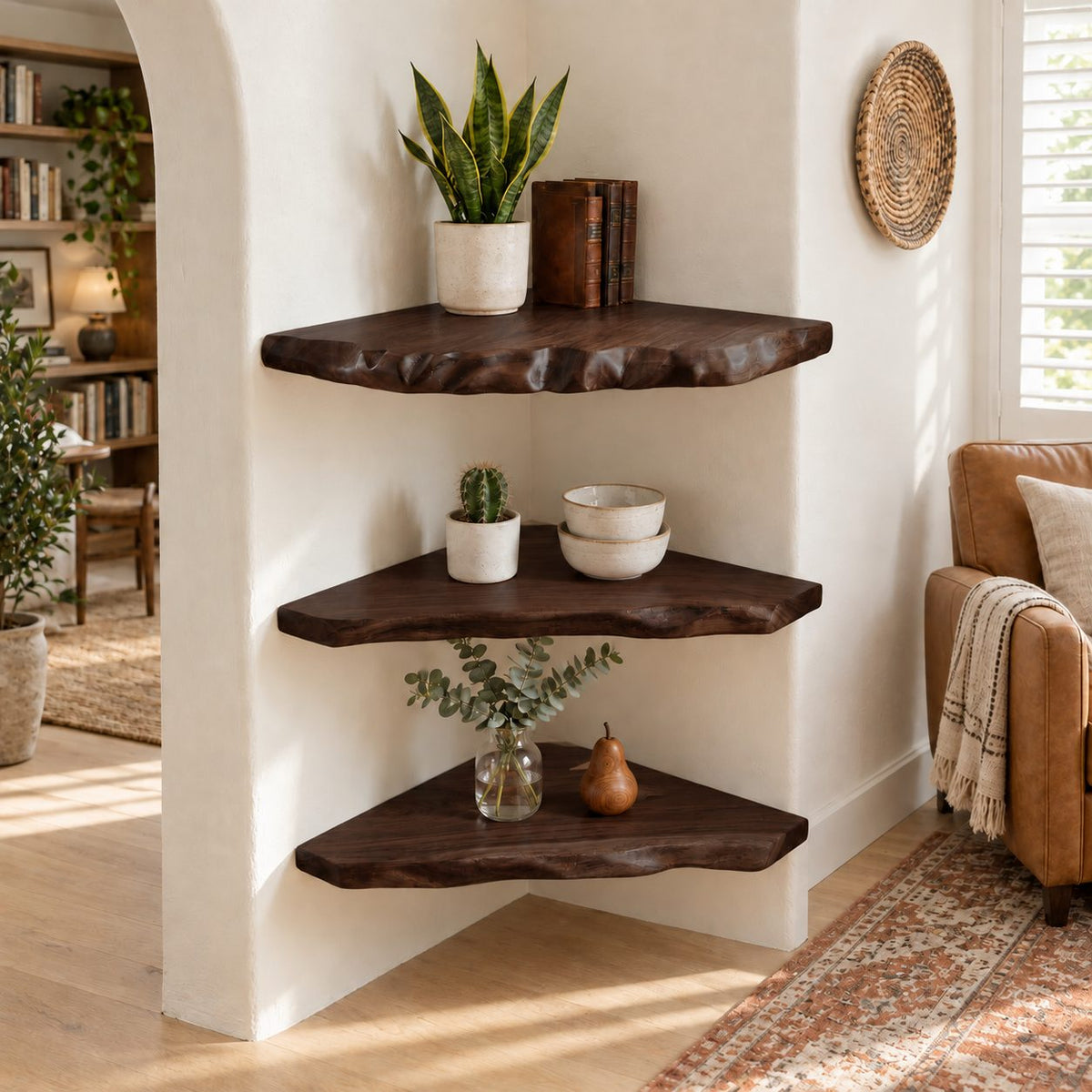 Alcove Corner Shelf, Solid Wood Floating Corner Shelves with Knobby Carved Live Edge for Narrow Nooks
