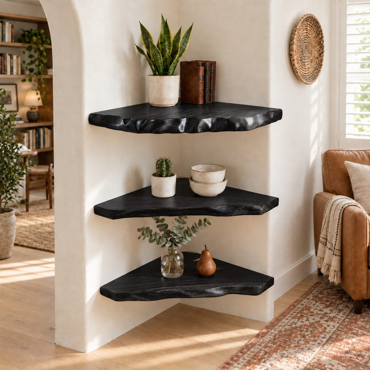 Alcove Corner Shelf, Solid Wood Floating Corner Shelves with Knobby Carved Live Edge for Narrow Nooks