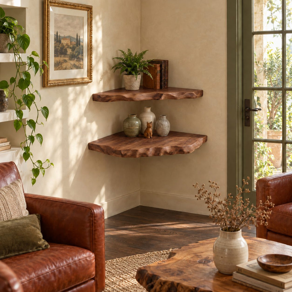 Scalloped Live Edge Corner Shelf, Solid Wood Floating Corner Shelf with Deep Hand Carved Front