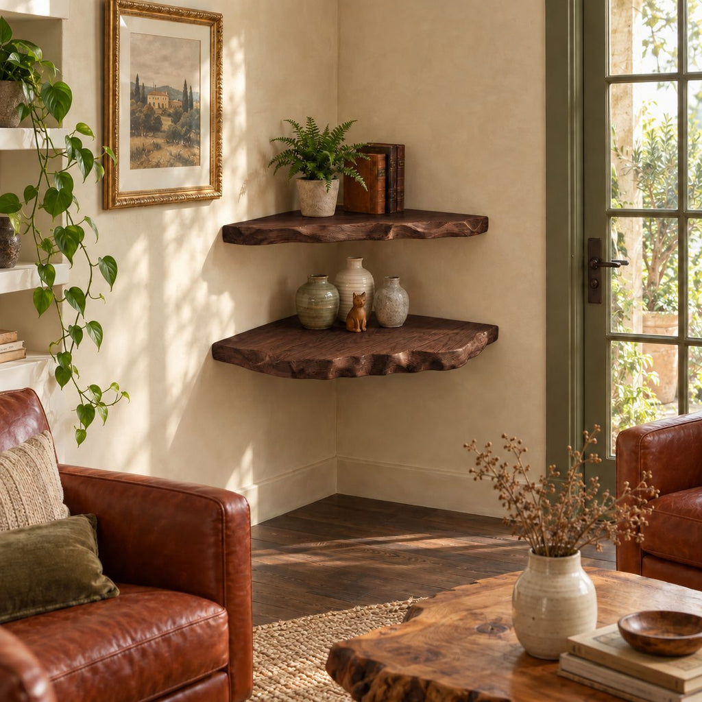 Scalloped Live Edge Corner Shelf, Solid Wood Floating Corner Shelf with Deep Hand Carved Front