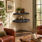 Scalloped Live Edge Corner Shelf, Solid Wood Floating Corner Shelf with Deep Hand Carved Front
