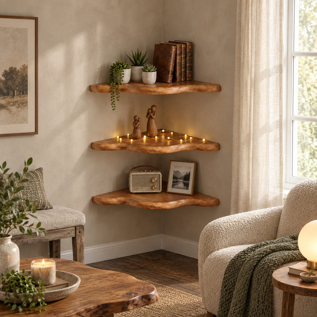 Cloud Edge Corner Floating Shelf, Smooth Wavy Solid Wood Corner Shelf for Living Room and Bedroom