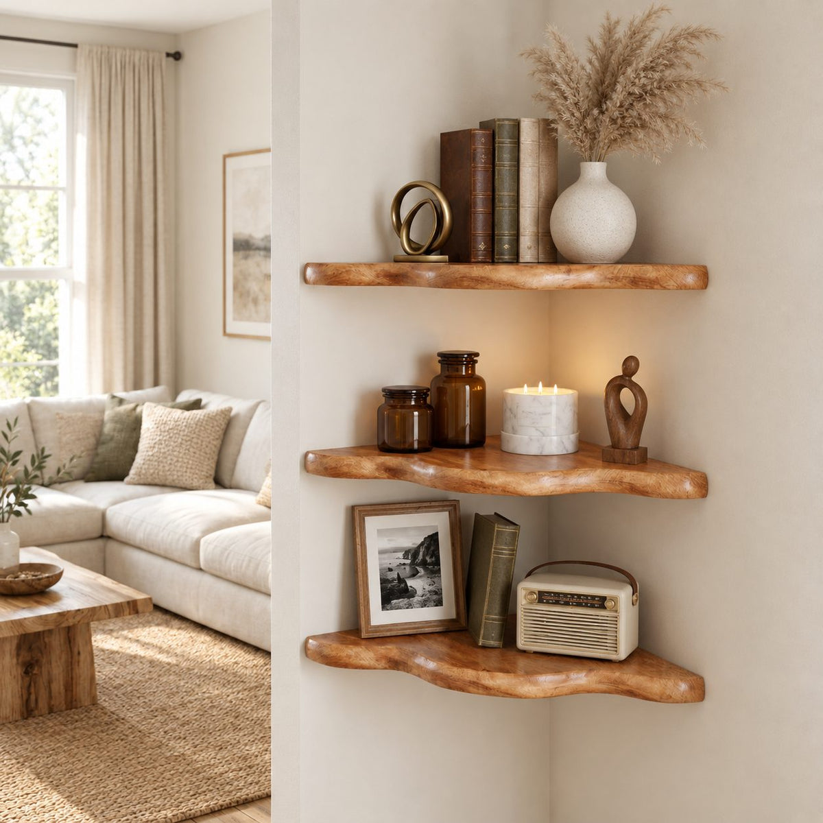 Cloud Edge Corner Floating Shelf, Smooth Wavy Solid Wood Corner Shelf for Living Room and Bedroom