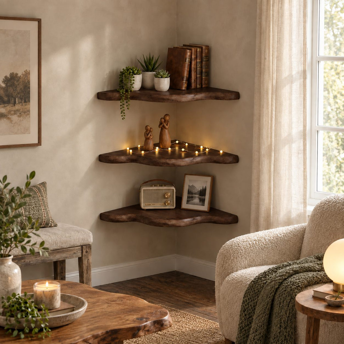 Cloud Edge Corner Floating Shelf, Smooth Wavy Solid Wood Corner Shelf for Living Room and Bedroom