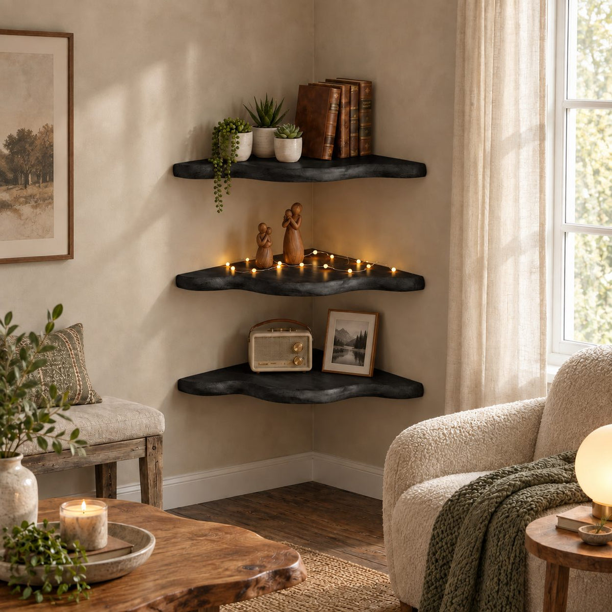 Cloud Edge Corner Floating Shelf, Smooth Wavy Solid Wood Corner Shelf for Living Room and Bedroom