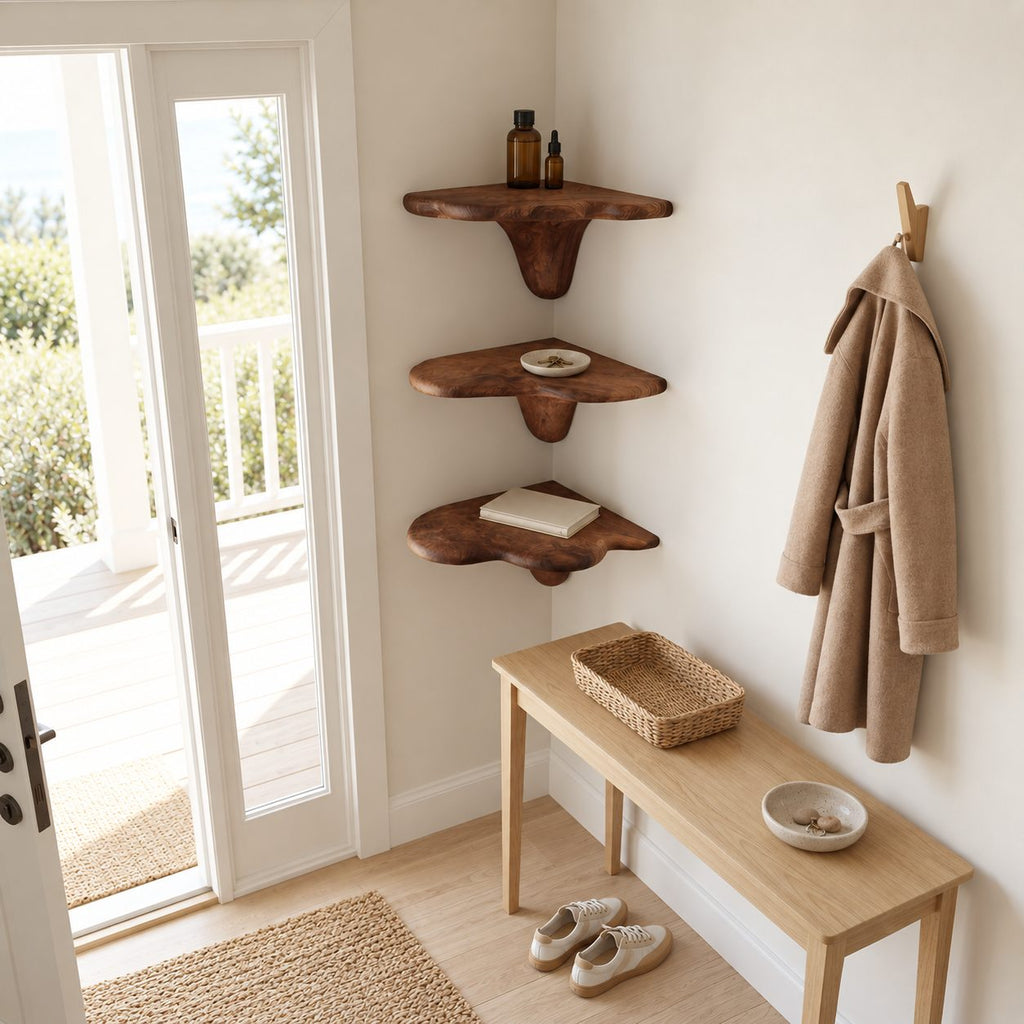 Cloud Cap Corner Mushroom Shelf, Carved Solid Wood Floating Corner Shelf with Drip Stem for Living Room