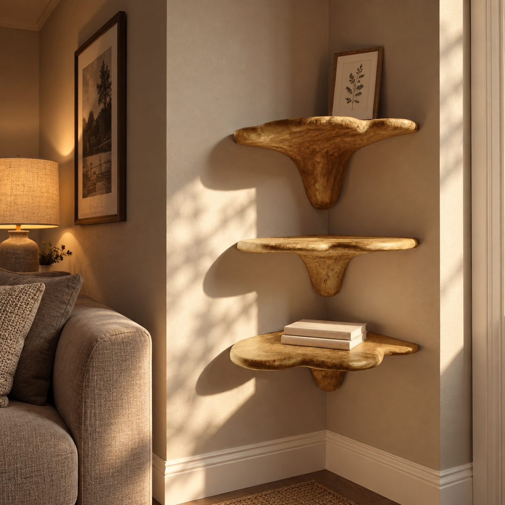 Cloud Cap Corner Mushroom Shelf, Carved Solid Wood Floating Corner Shelf with Drip Stem for Living Room