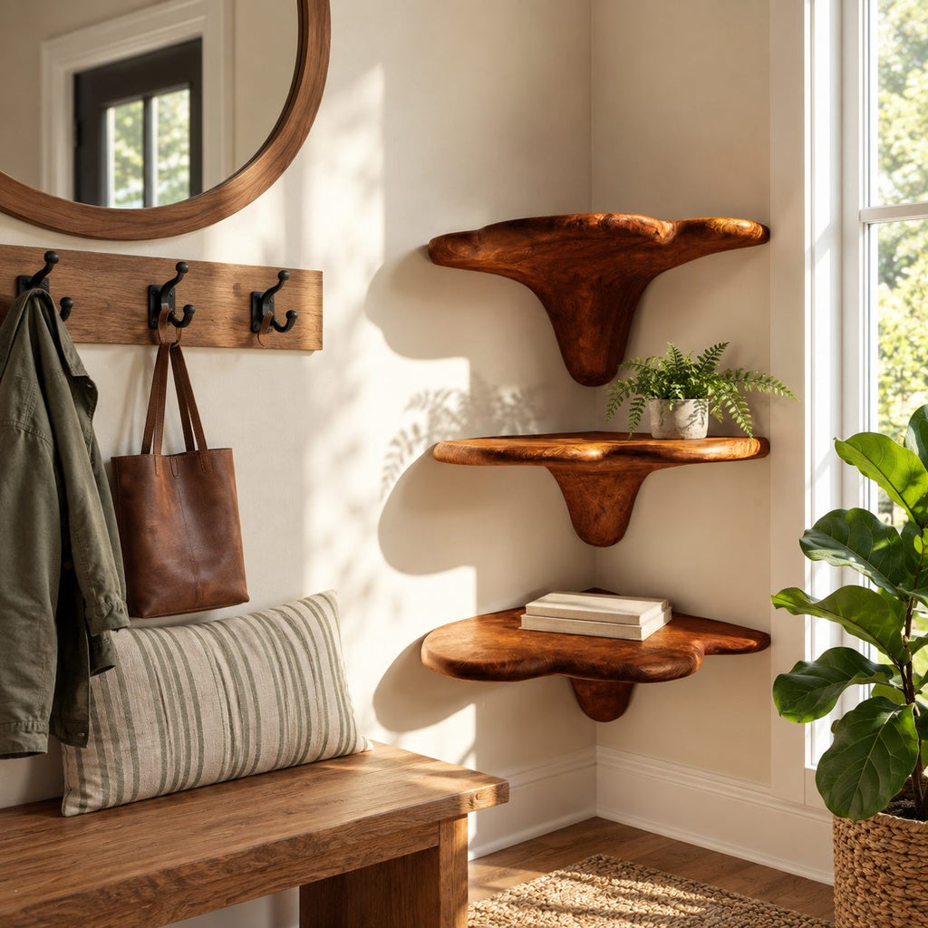 Cloud Cap Corner Mushroom Shelf, Carved Solid Wood Floating Corner Shelf with Drip Stem for Living Room