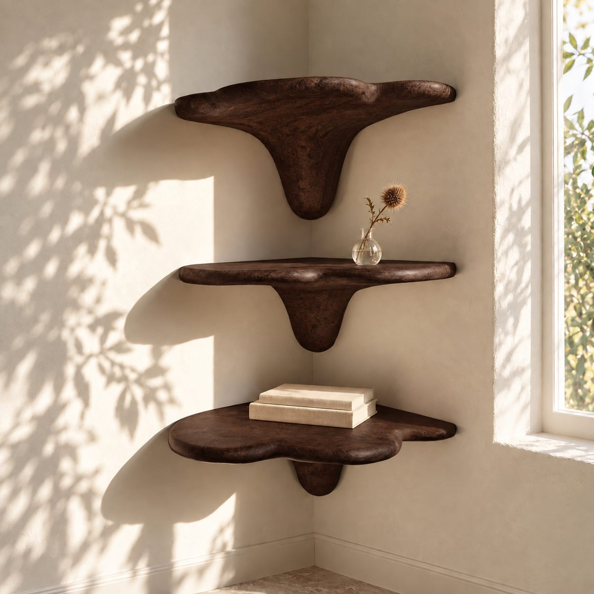 Cloud Cap Corner Mushroom Shelf, Carved Solid Wood Floating Corner Shelf with Drip Stem for Living Room