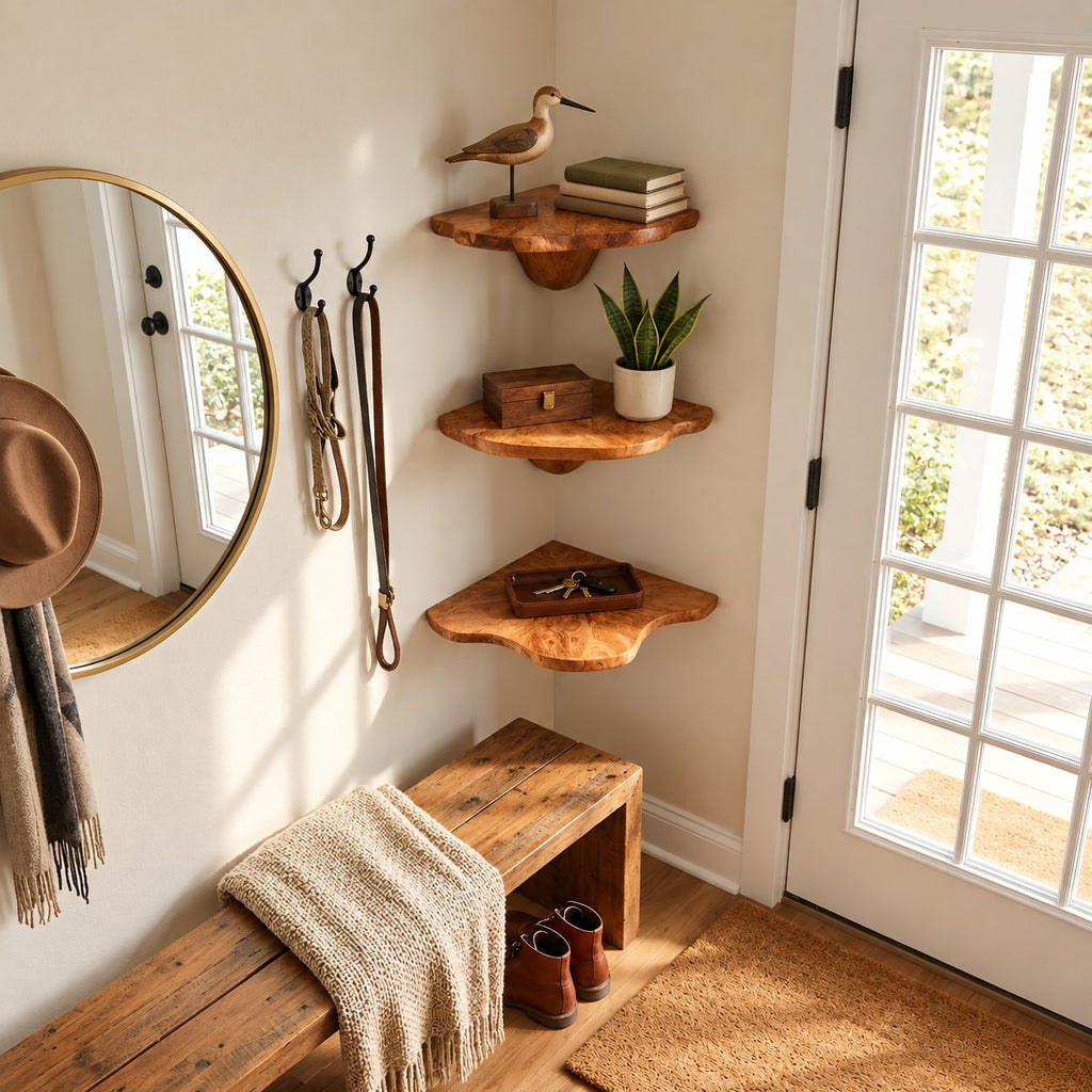 Teardrop Stem Corner Mushroom Shelf, Live Edge Solid Wood Floating Corner Shelf for Entryway and Desk Nook