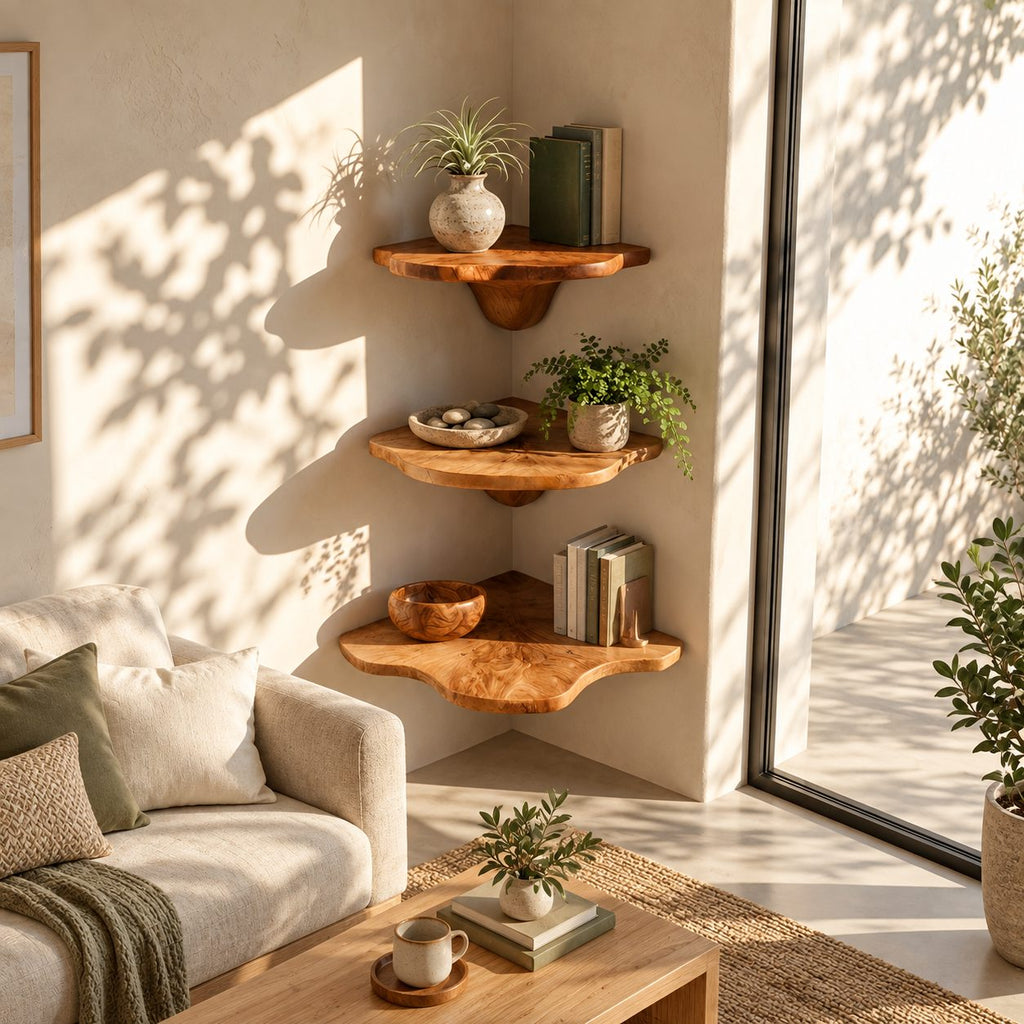 Teardrop Stem Corner Mushroom Shelf, Live Edge Solid Wood Floating Corner Shelf for Entryway and Desk Nook