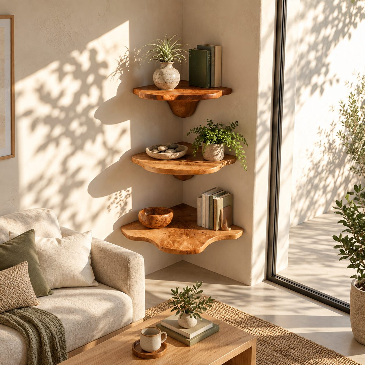 Teardrop Stem Corner Mushroom Shelf, Live Edge Solid Wood Floating Corner Shelf for Entryway and Desk Nook