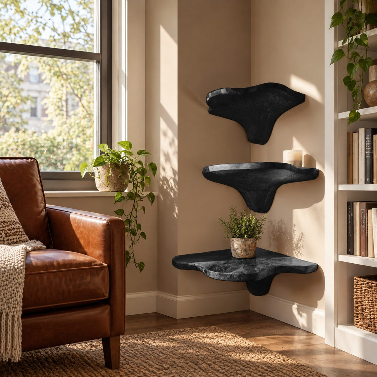 Teardrop Stem Corner Mushroom Shelf, Live Edge Solid Wood Floating Corner Shelf for Entryway and Desk Nook