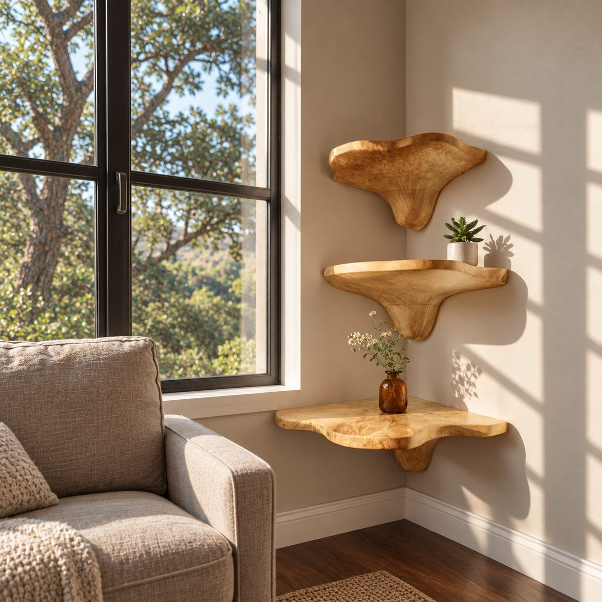 Teardrop Stem Corner Mushroom Shelf, Live Edge Solid Wood Floating Corner Shelf for Entryway and Desk Nook