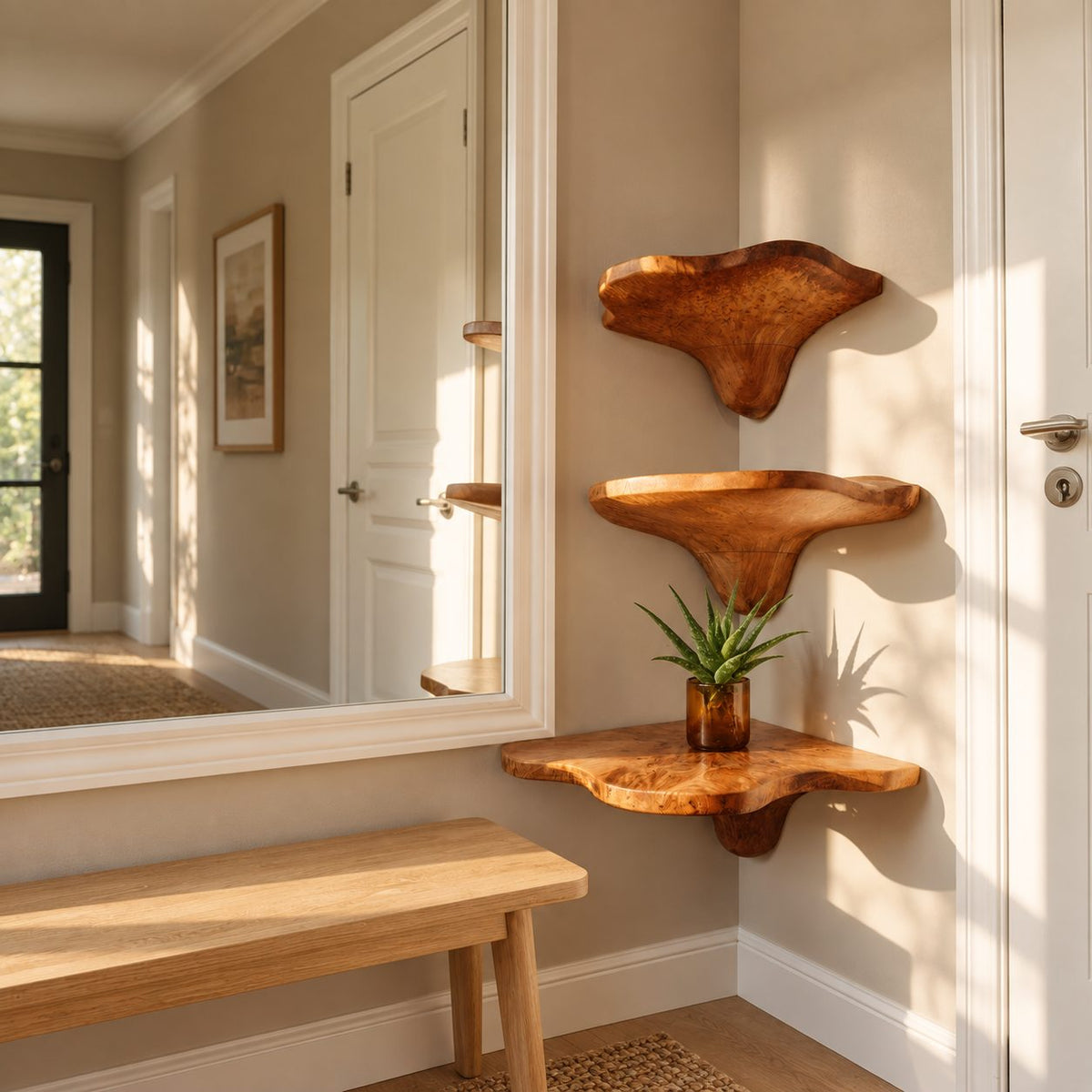 Teardrop Stem Corner Mushroom Shelf, Live Edge Solid Wood Floating Corner Shelf for Entryway and Desk Nook