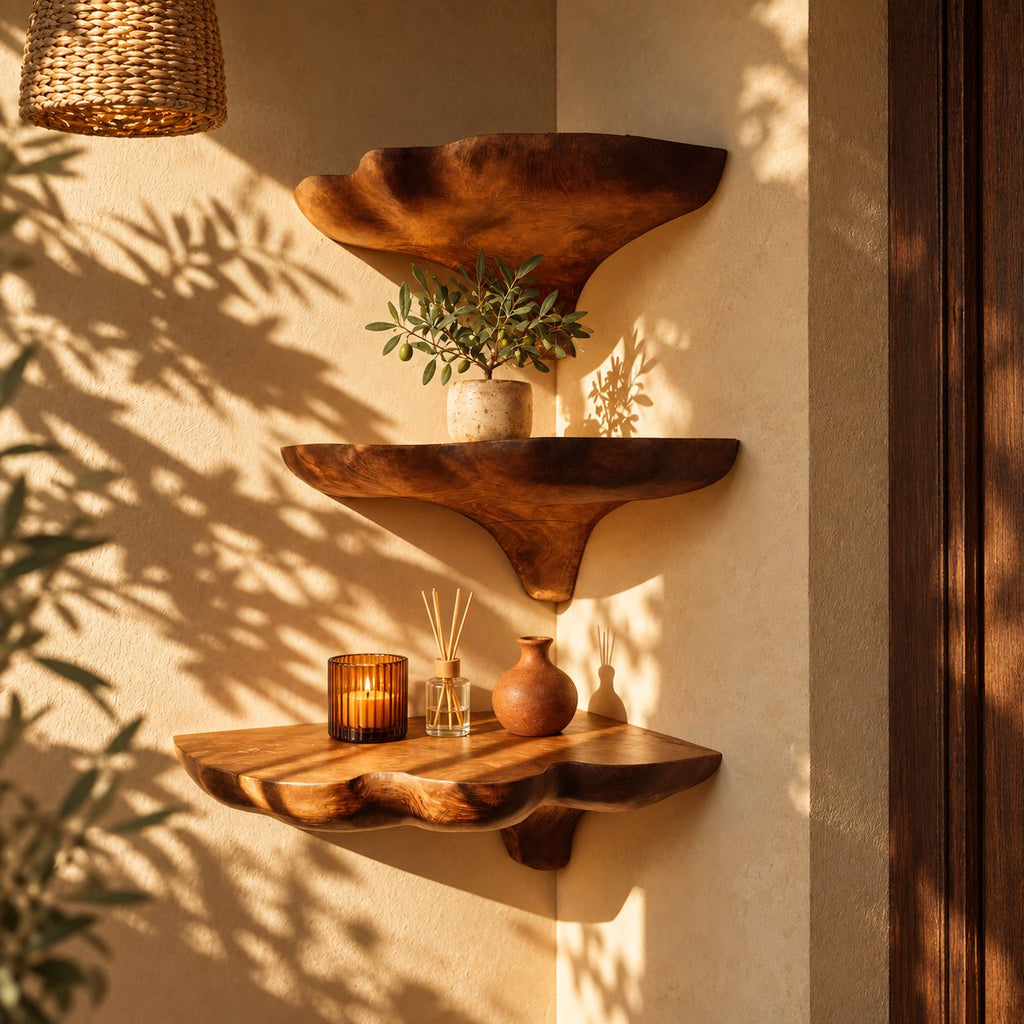 Wavy Rim Corner Mushroom Shelf, Hand Carved Solid Wood Floating Corner Shelf for Reading Nook and Hallway